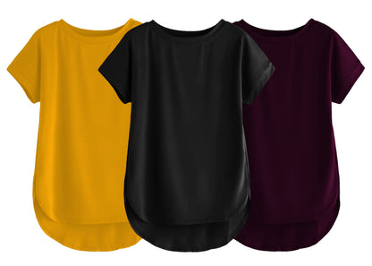 Fabricorn Combo Of Three Plain Black, Mustard Yellow And Wine Round Neck Up And Down Cotton Tshirt For Women (Black, Mustard Yel