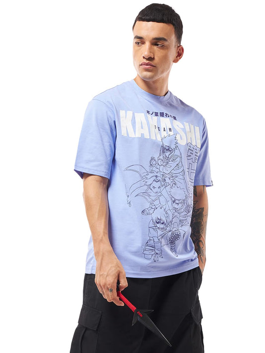 Bewakoof Official Naruto Merchandise Kakashi Chidori Mens Graphic Printed Oversized Fit Half Sleeve Round Neck Cotton Jersey T-