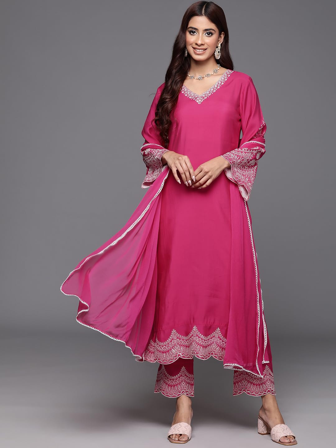 Varanga WomenS Silk Straight Salwar Suit Set  Vibrant Pink With Intricate Embroidery, Perfect For Festivals, Parties, Weddings,