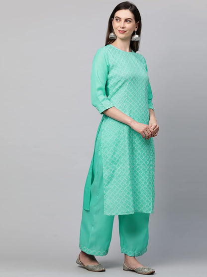 ANNI DESIGNER Women's Cotton Straight Kurta with Palazzo (KPZ-COT-10006-SEA Green)