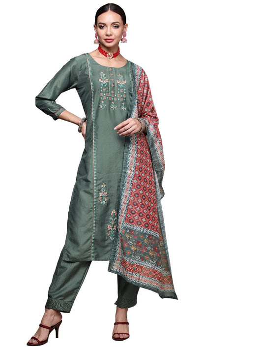 anubhutee Women's Muslin Green Floral Embroidered Straight Kurta Suit Set With Pants And Dupatta