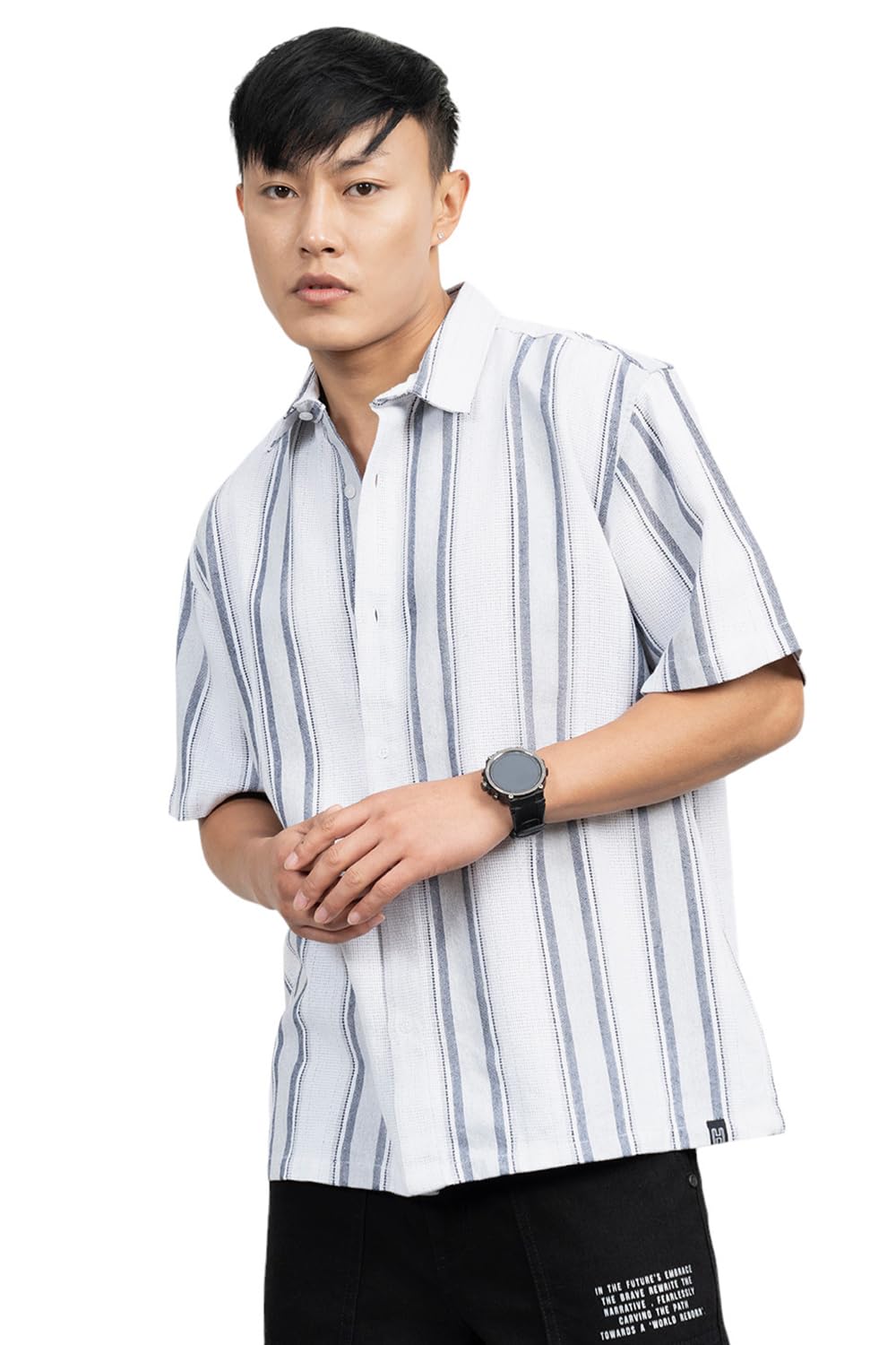 Hubberholme Men Cotton Short Sleeves Oversized Striped Shirt 13