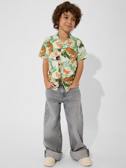 The Souled Store Officials Jungle Book Originals: Mowglis Quest Boys Short Sleeves Collared Neck Button Graphic Printed Cotton