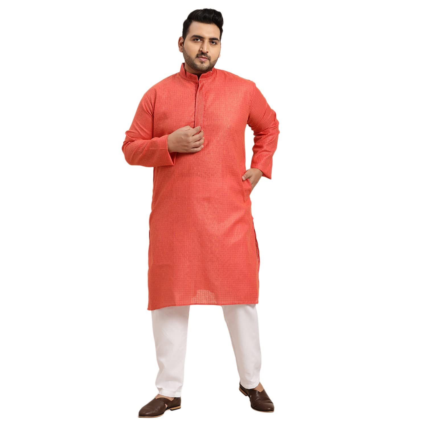 SOJANYA PLUS (Since 1958) Men's Cotton Coral Checked Kurta Size 52