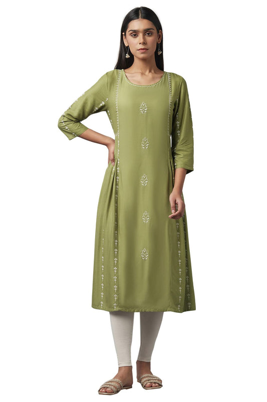 W for Woman Women's Viscose A-Line Pleated Kurta with Embroidery