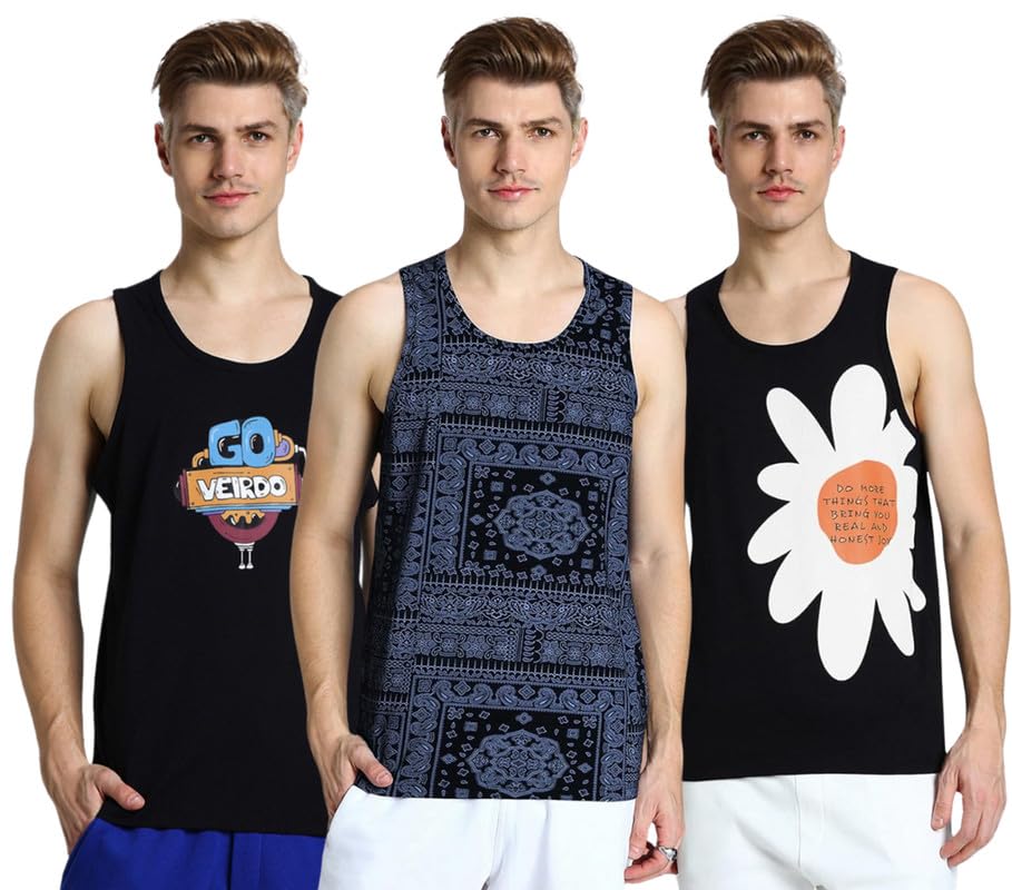 Veirdo Mens 100% Cotton Scoop Neck Regular Fit Sleeveless T-Shirt Combo