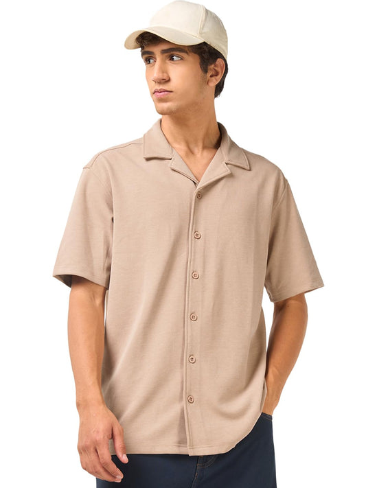 Bewakoof MenS Solid Oversized Fit Half Sleeve Resort Collar Polycotton Shirt_685474_Brown_Xl