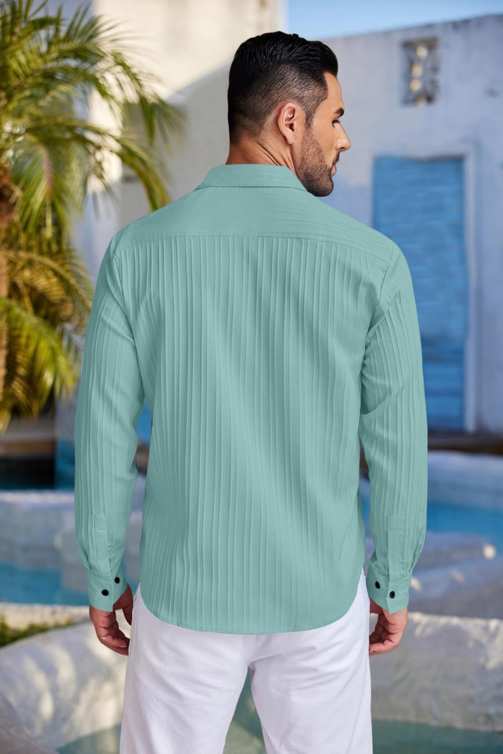 Finivo Fashion MenS Casual Cotton Plain Button Down Shirt Long Sleeve Textured Summer Beach Shirt For Men Turquoise