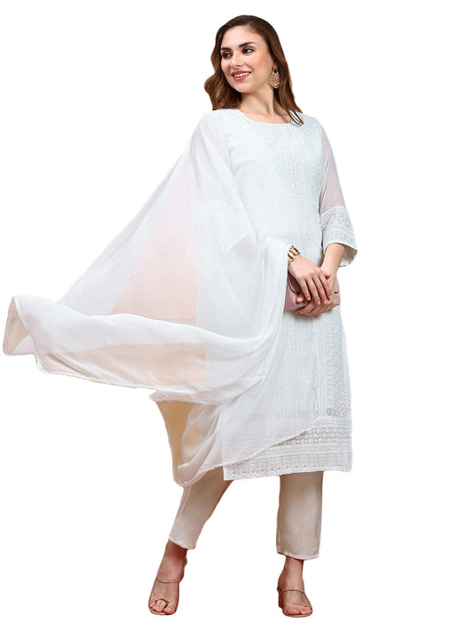 ishin Women WHITE 3pcs Kurta Set with Dupatta