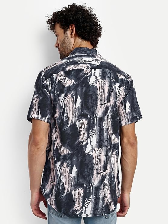 Greciilooks Geometric For Casual Stylish Printed Regular Fit | Men Formal Half Sleeve Shirt (Gl-Ms-6059_Black