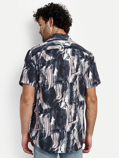Greciilooks Geometric For Casual Stylish Printed Regular Fit | Men Formal Half Sleeve Shirt (Gl-Ms-6059_Black