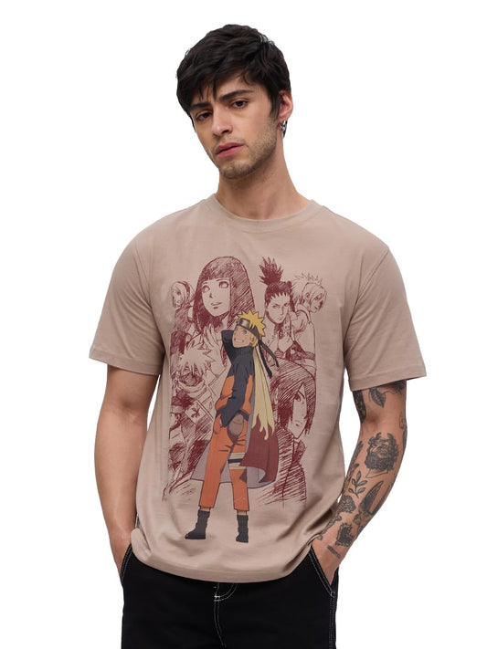 The Souled Store Naruto Shippuden: Uzumaki Men and Boys Short Sleeves Round Neck Beige Graphic Printed Regular Fit Cotton T-Shir
