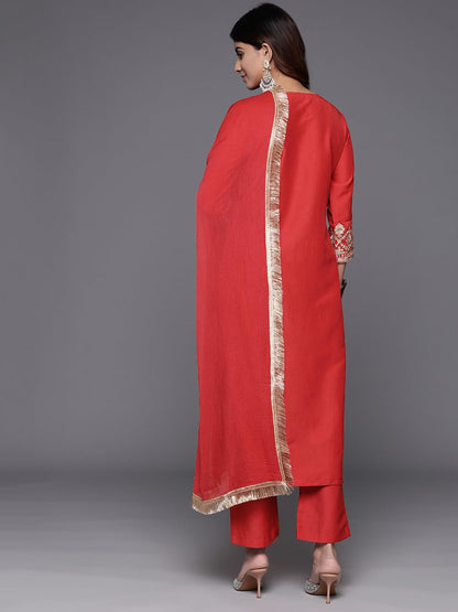Varanga Women Red Zari Embroidered Kurta with Bottom and Dupatta