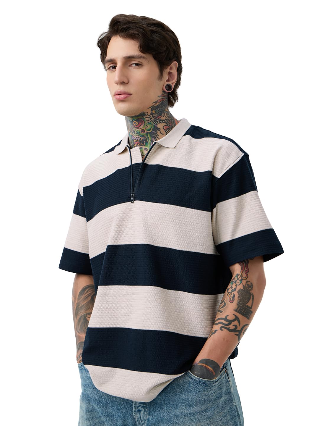 The Souled Store Textured Stripes: Riviera Men and Boys Short Sleeves Collared Neck Oversized Cotton Zipper Polos