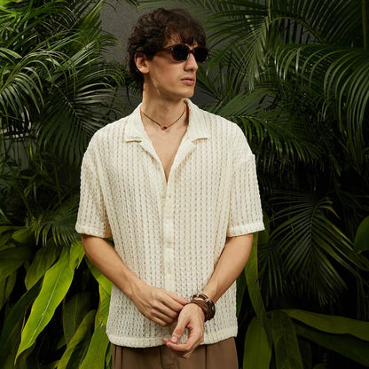 Campus Sutra Mens Cream White Striped Knit Oversized Shirt for Casual Wear | Cuban Collar | Short Sleeve | Button Closure | Ove