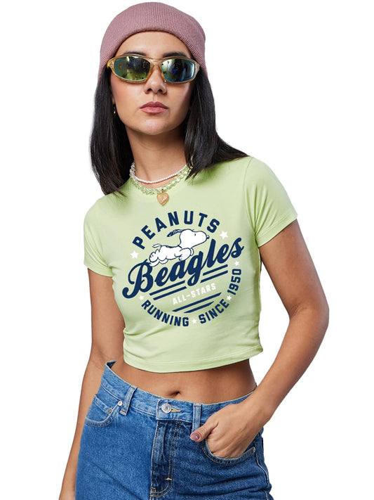 Bewakoof Official Peanuts Merchandise Womens Graphic Printed Slim Fit Half Sleeve Round Neck Cotton Elastane Top_629141_Green_L