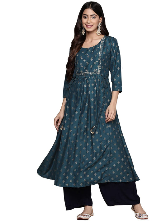 ishin Women's Silk Teal Embellished Foil Print A-Line Flared Kurta