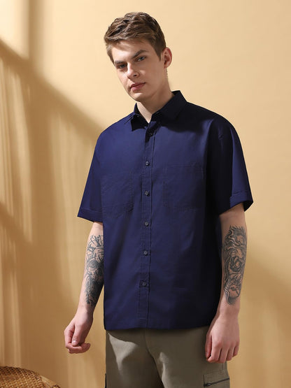 Dennis Lingo Men Relaxed Fit Navy Blue Half Sleeves Cotton Casual Shirt