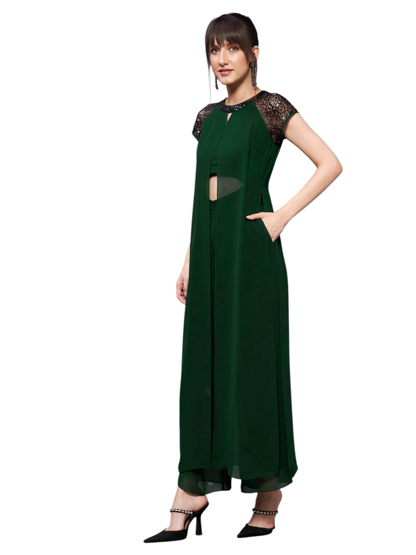 Miss Chase Womens Round Neck Raglan Sleeve Layered Regular Jumpsuit (MCSS25D91-84-42-06, Dark Green, XL)