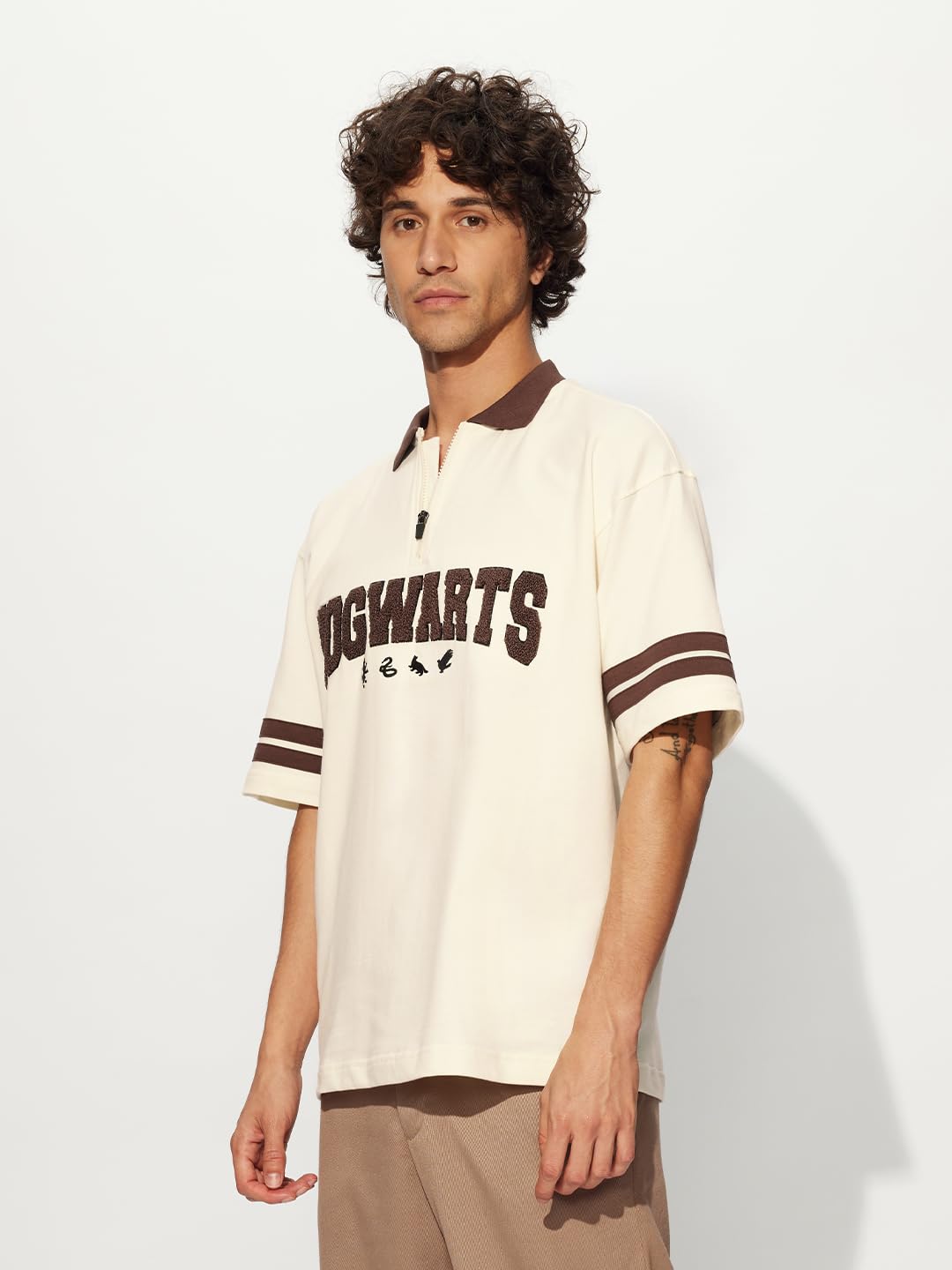 The Souled Store Official Harry Potter: Hogwarts Men and Boys Short Sleeves Collared Neck Embroidered Cotton Oversized Zipper Po