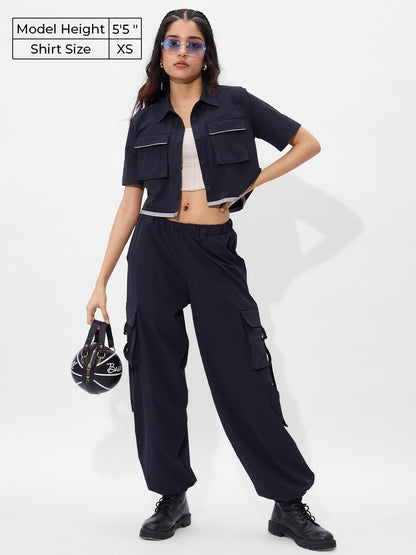 The Souled Store Solids: Classic Navy Short Sleeve Round Neck Slim Fit Cropped Tops for Women and Girls - Trendy Statement Piece