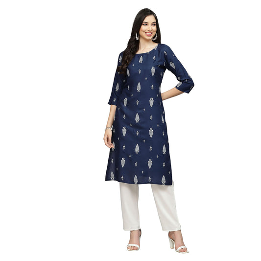 Stylum Women's Printed Rayon Straight Kurta (Navy Blue)