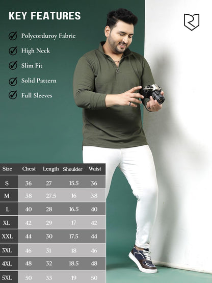 Rigo Polyester Plus Size T-Shirt for Men | High Neck, Slim Fit T-Shirt for Men | Solid Casual Plus Size T-Shirts Army Green