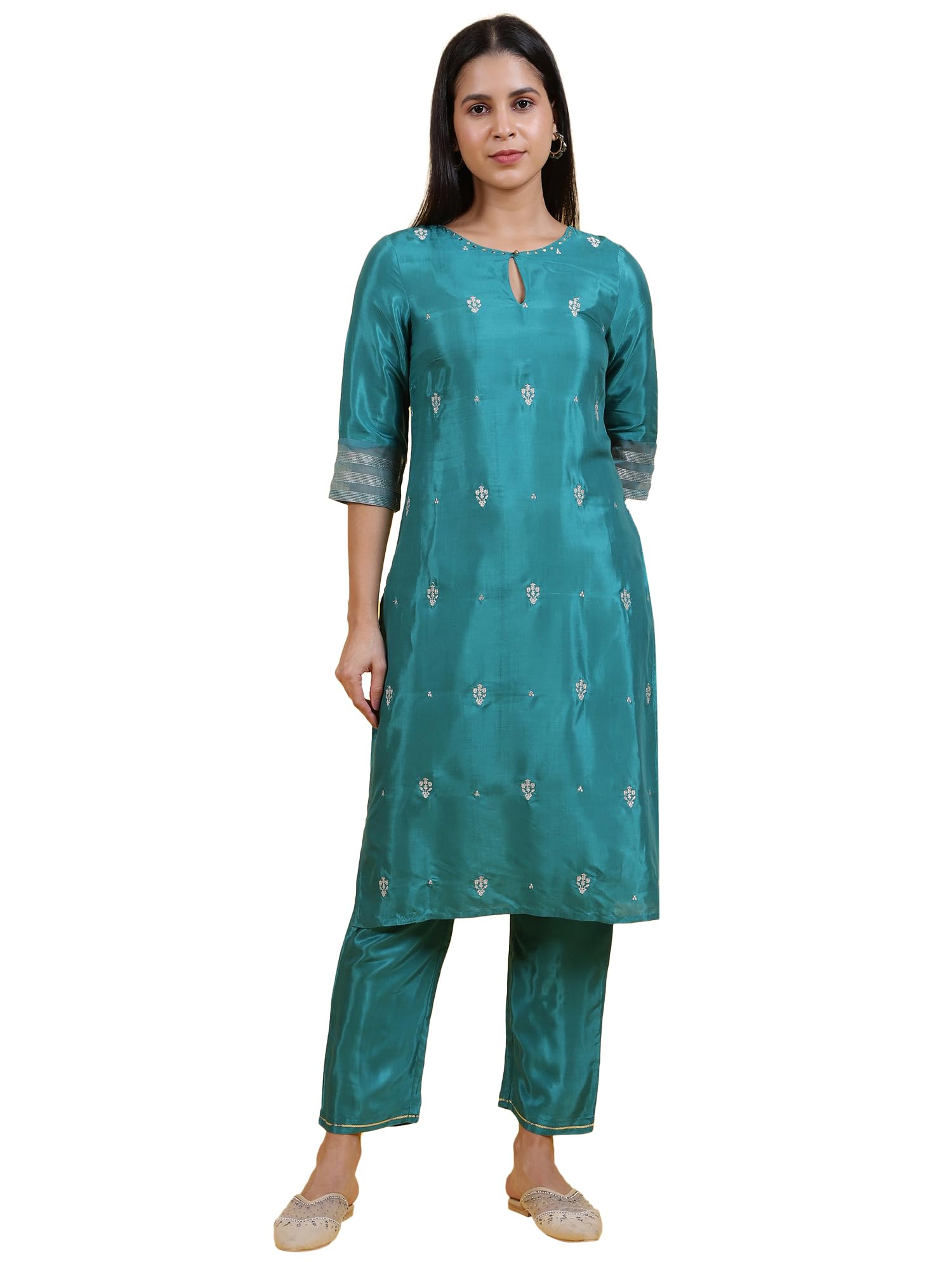 W For Woman Pink Glitter Printed Embroidered Straight Kurta