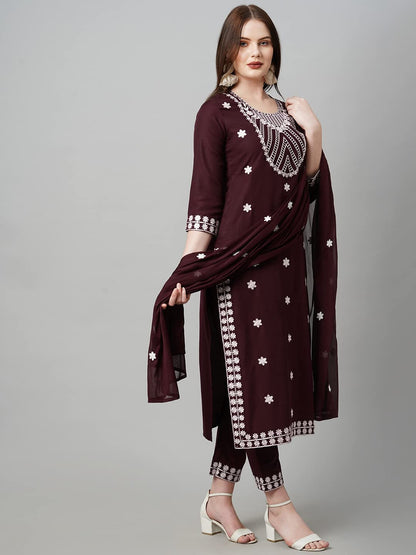 Gosriki WomenS Cotton Blend Embroidered Straight Kurta With Pant & With Dupatta (Dalfuna Wine_S-Gs_Wine_Small)