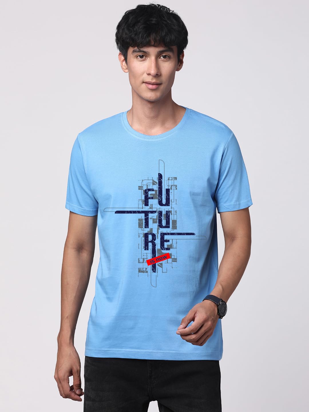 ADRO Men's Graphic Printed 100% Cotton T-Shirt - Regular Fit, Printed T-Shirts for Men (RN24-FTR-SK_Sky Blue)