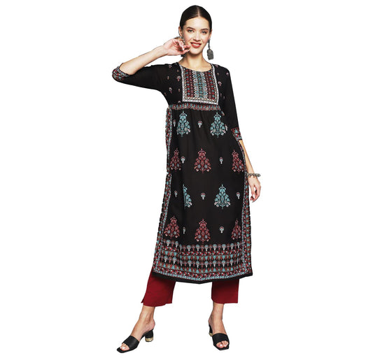 anubhutee Women's Rayon Black Ethnic Motifs Printed Straight Kurta