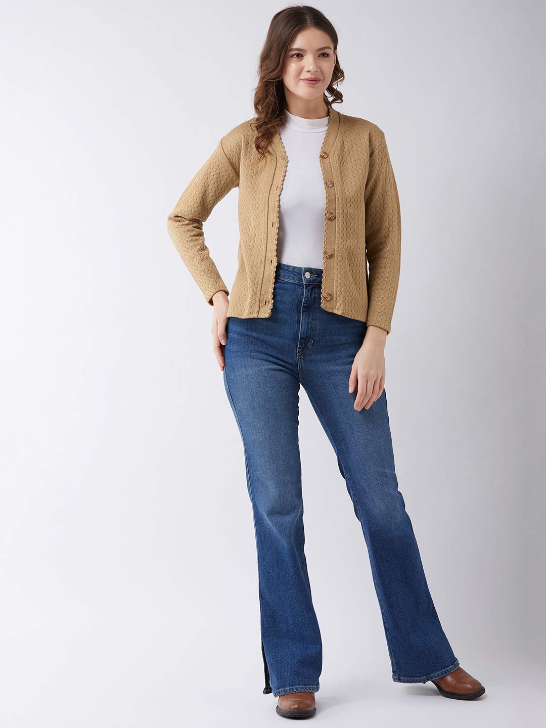 Pivl Womens Blended V-Neck Cardigan Sweater (PV501_Camel