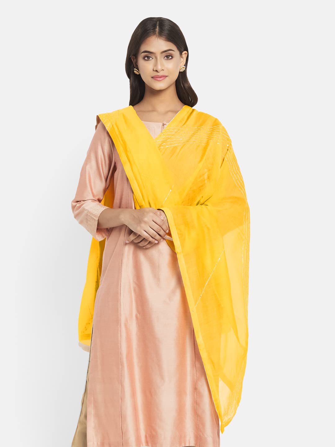 Fabindia Women Cotton Silk Embroidered Dupatta Yellow_FREESIZE