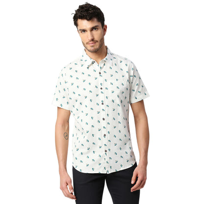 Thomas Scott Mens Printed Slim Fit 100% Cotton Casual Shirt with Spread Collar and Half Sleeve Off White