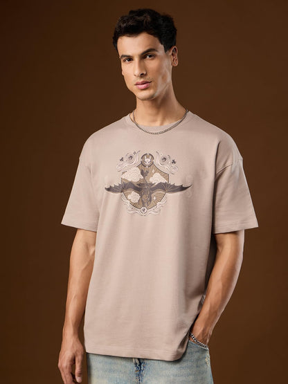 The Souled Store HTTYD: Lets Fly Men and Boys Short Sleeves Round Neck Beige Graphic Printed Cotton Breathable Lightweight All-
