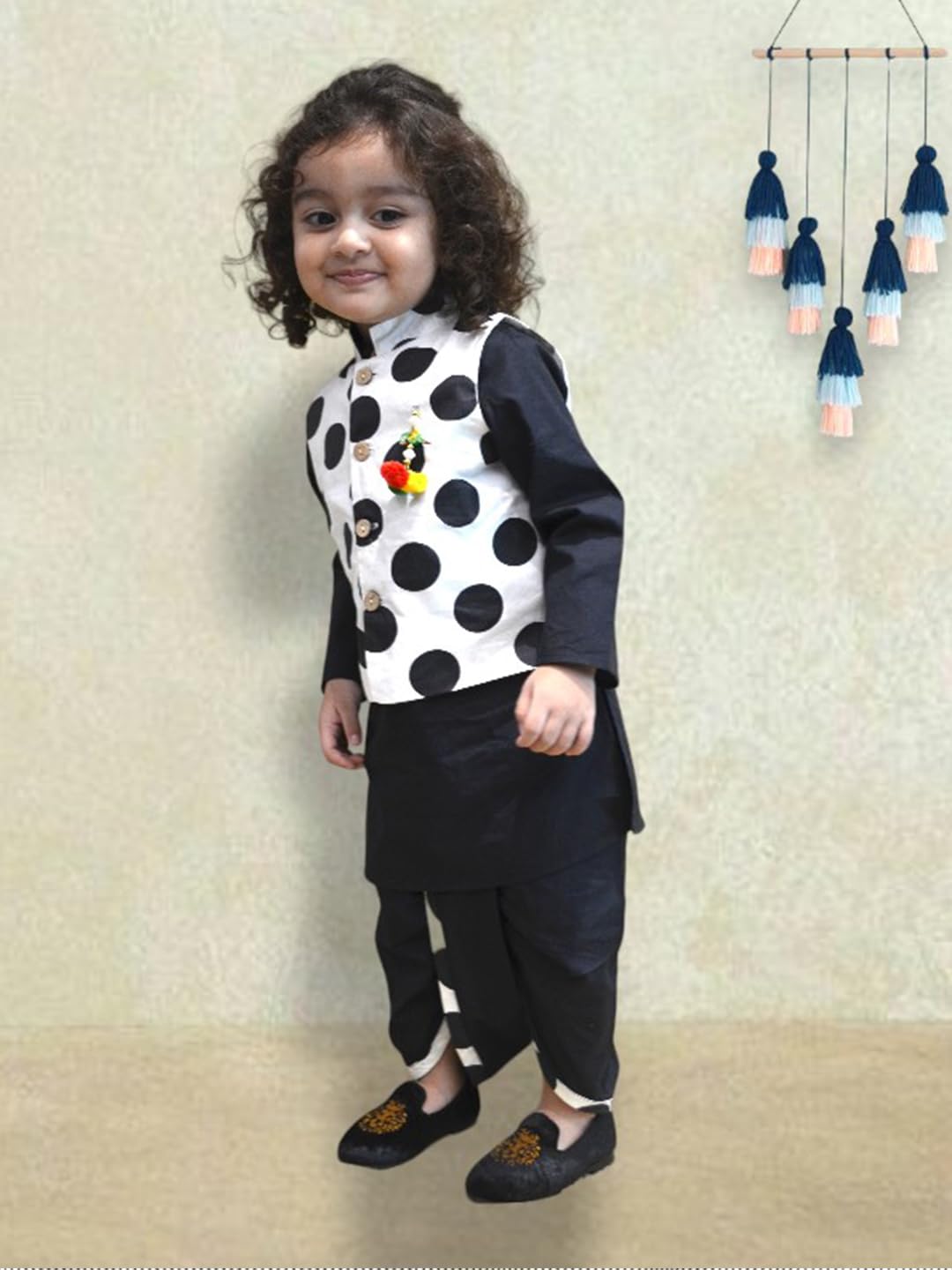 A.T.U.N. (ALL THINGS UBER NICE) Boys Ethnic Wear Black White Dhoti Kurta with Polka Dot Linen Jacket Set (3 Piece Set)