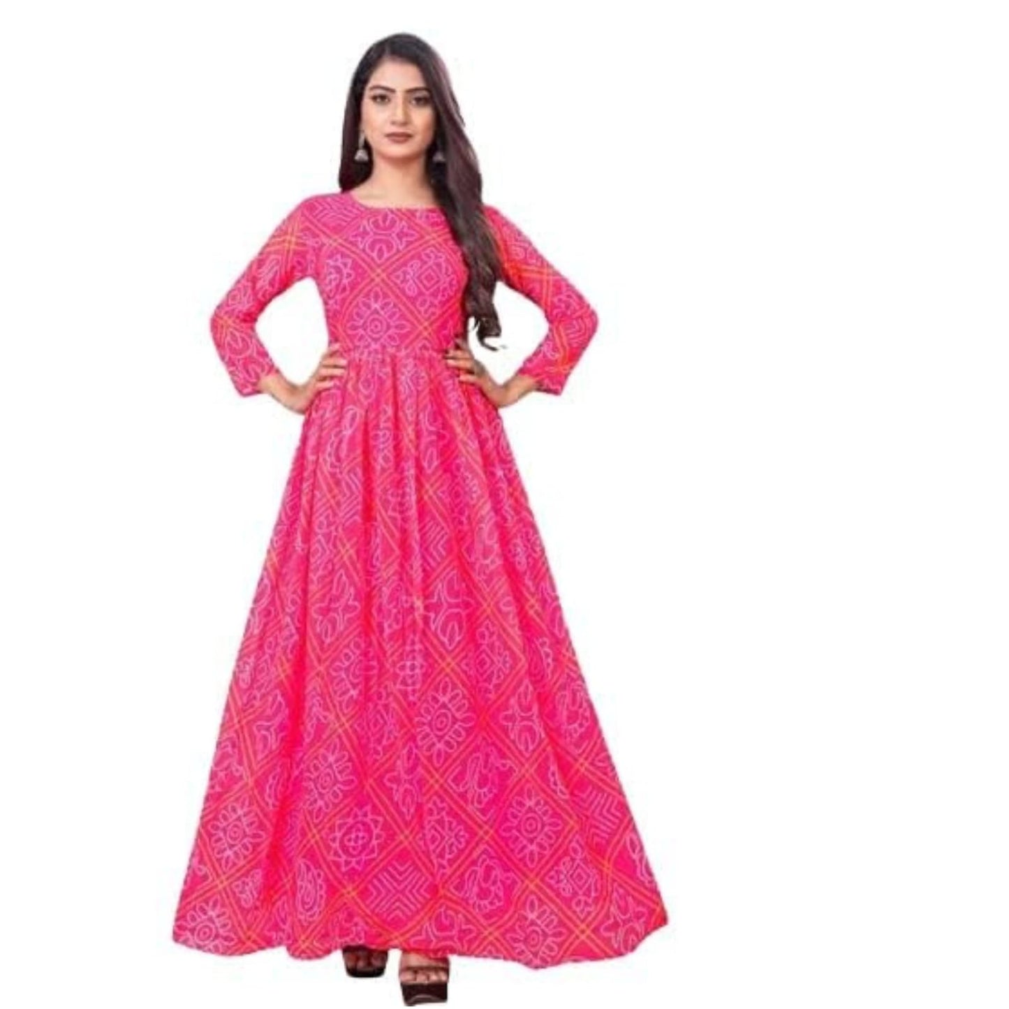 Anveri Textiles WomenS Georgette Fancy Bandhani Printed Gown Kurti With Round Neck 3/4 Sleeves Fit Flared Ankle Length | Maxi D