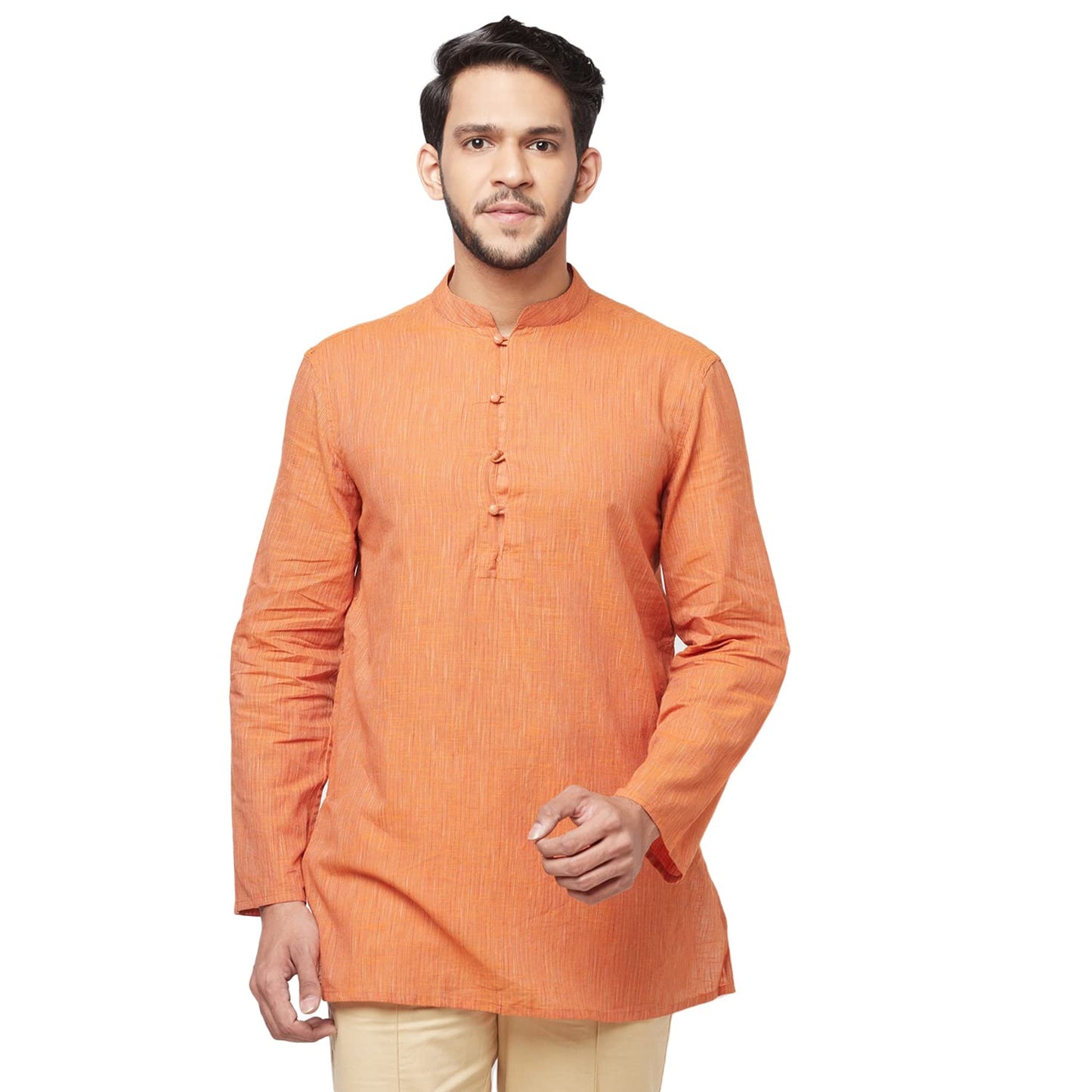 Fabindia Men'S Cotton Striped Slim Kurta_Orange_L