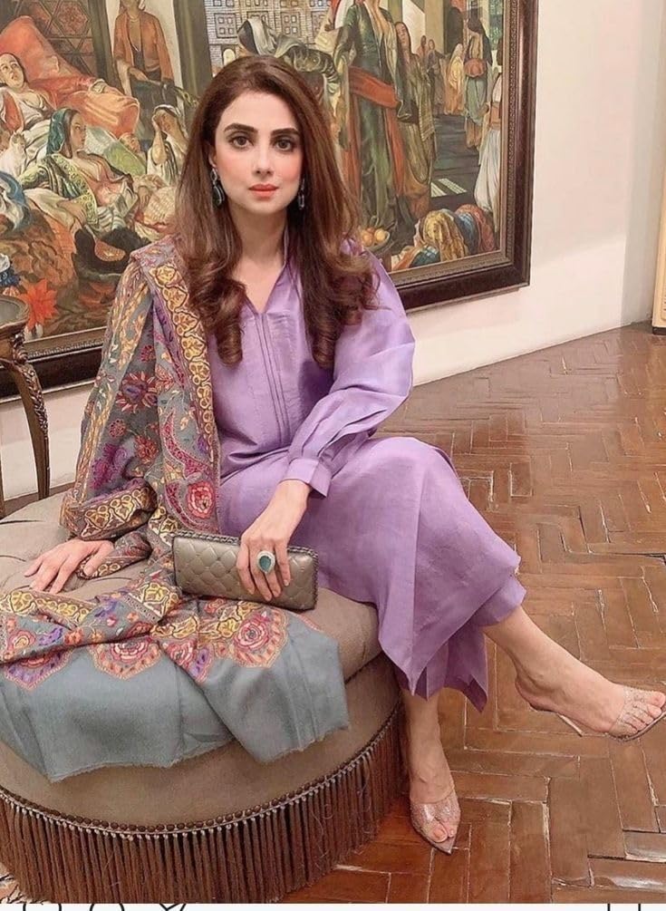GoSriKi Pakistani Kurta with Pants & Dupatta, Rayon, Medium, Purple, Model Mawra Purple-GS