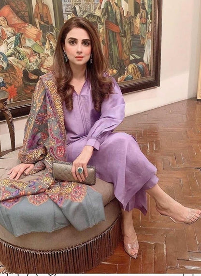 GoSriKi Pakistani Kurta with Pants & Dupatta, Rayon, Medium, Purple, Model Mawra Purple-GS