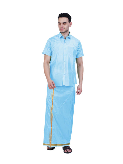 Prakasam Cotton-Mens Art Silk Wedding Set/Art Silk 8 Mulam (8-Yard) Dhoti And Stitched Half Sleeve Shirt