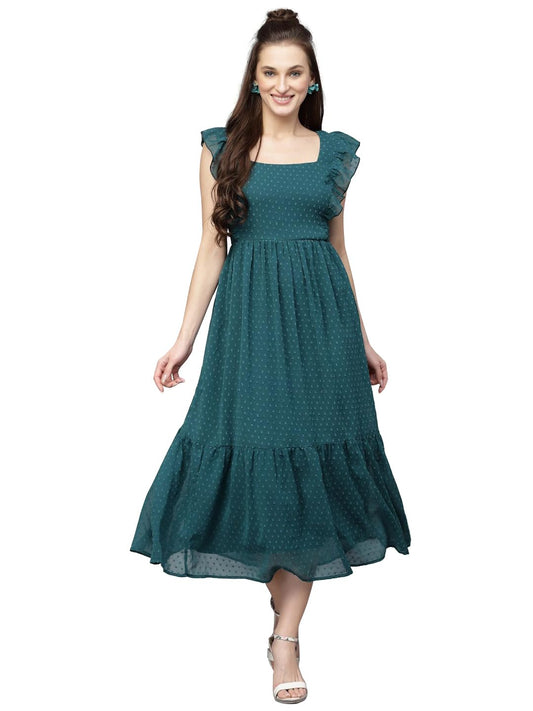 Avanova Georgette Jacquard Butti Rama Green Square Neck Knee Length Western Dresses For Women (Dress 89 Rama Xl)
