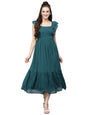 Avanova Georgette Jacquard Butti Rama Green Square Neck Knee Length Western Dresses For Women (Dress 89 Rama Xl)