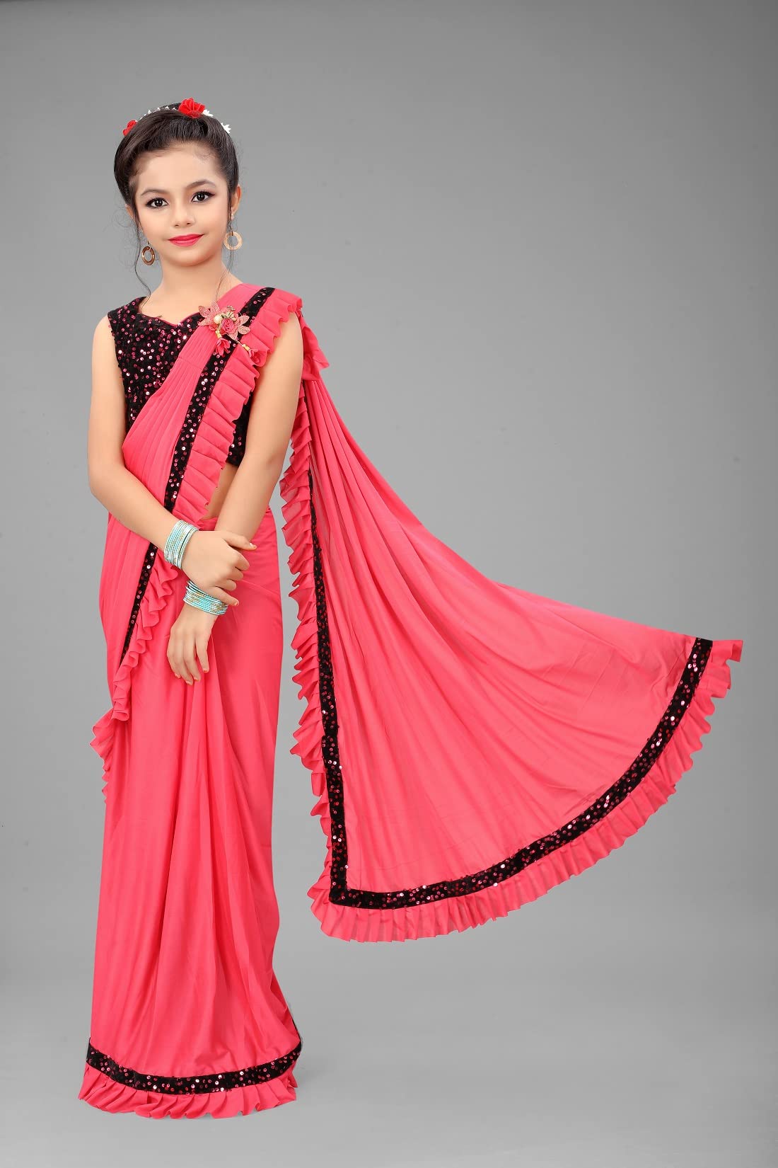 Dhyey fashion Girls Lycra Blend Ruffle Pattern Saree With Velvet Unstitched Blouse Piece