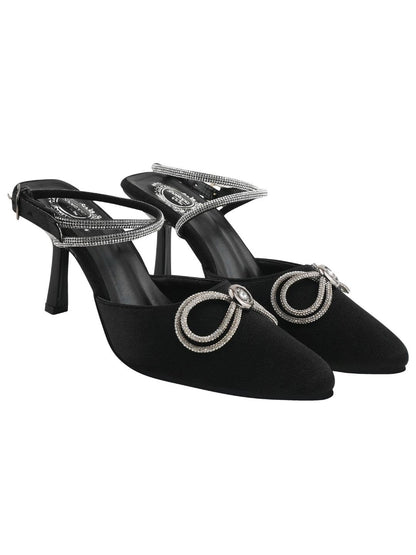 WomenS Black Satin High Heel Sandals Pointed Toe Party Heels With Rhinestone Bow & Ankle Strap  Elegant Stilettos For Weddings