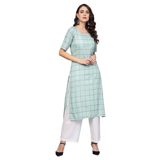 idaLia Women's Checkered Print Teal Rayon Kurta with White Palazzo Pants