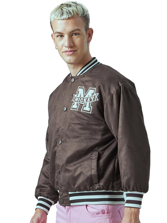 Bewakoof MenS Embroidered Oversized Fit Full Sleeve Round Neck Suede Jacket_625544_Brown_L