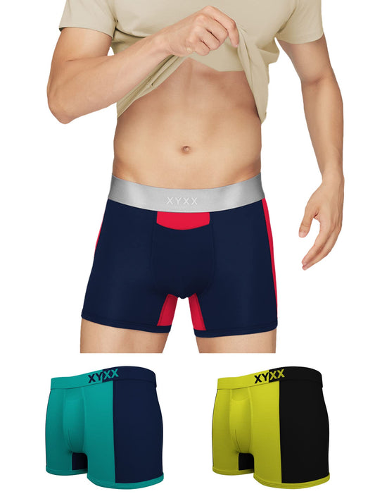 XYXX Mens Underwear Dualist IntelliSoft Antimicrobial Micro Modal Trunk Pack of 3 (Navigate & Black Iris ; Lime Punch & Black ;