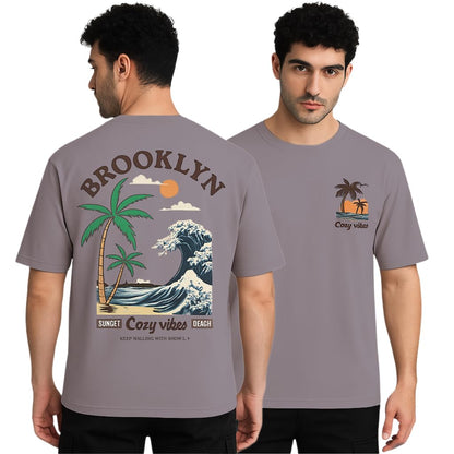 SMOWKLY Authentics Mens Cotton Blend Brooklyn Beach Graphic Printed T Shirt || Crew Neck Pullover Tee || Casual Baggy Fit Urban