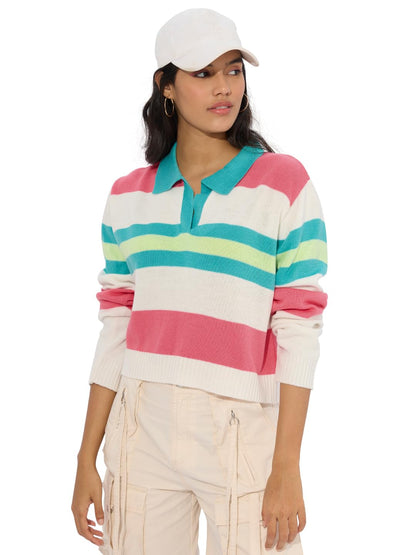 The Souled Store Lemonade Women and Girls Long Sleeves Collared Neck Multicolor Colourblocked Acrylic Oversized Cropped Sweaters